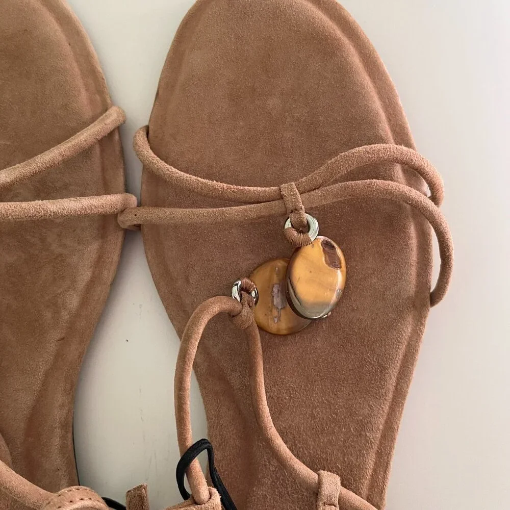 Zara Leather Sandals Embellished Front Beads Round toe Ankle buckle strap Sz 10 - Picture 10 of 12